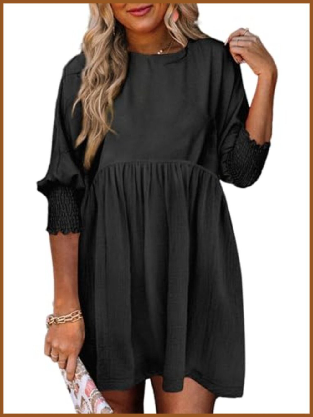 Womens Babydoll Mini Dress 3/4 Sleeve High Waist Tiered Ruffle Flowy